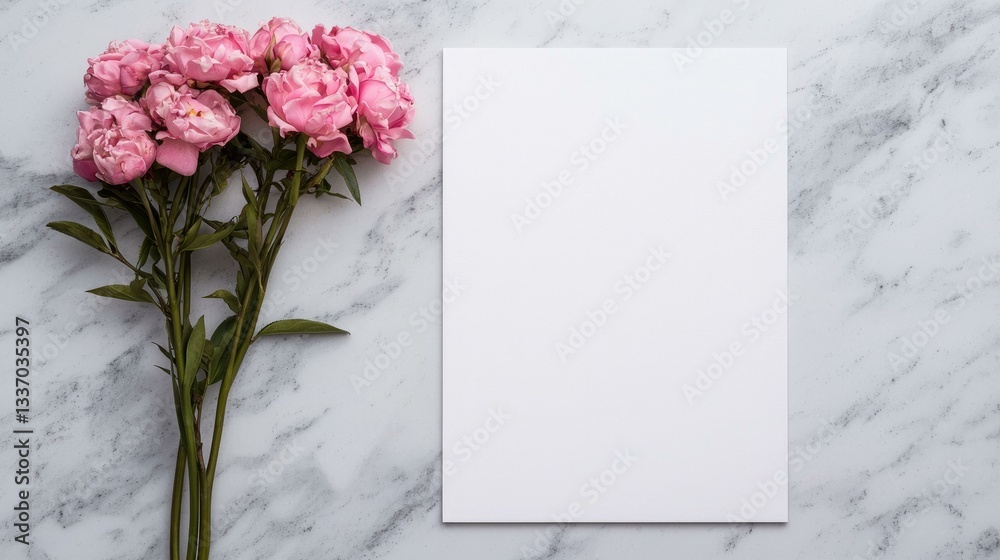 A clean, empty white sheet of paper positioned beside a beautiful bouquet of pink flowers on a soft marble surface, perfect for creative projects, invitations, or personal notes.