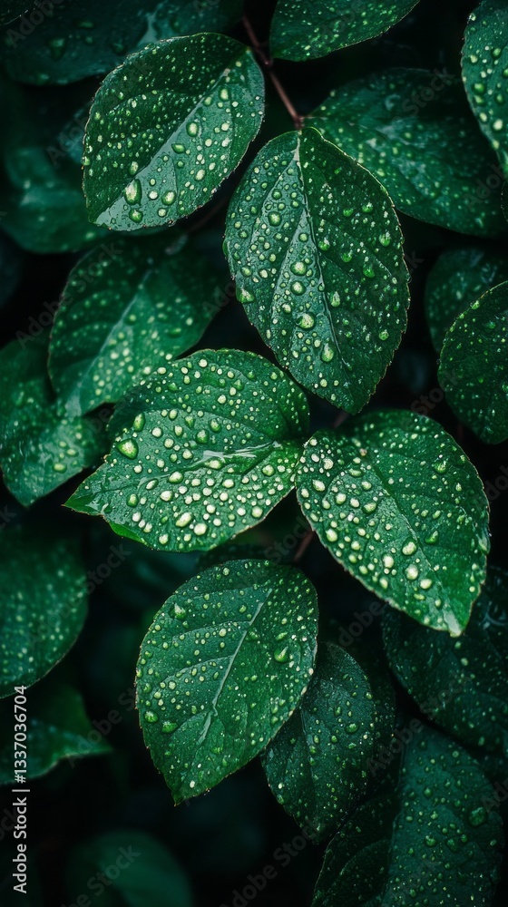 Obraz premium Delicate water droplets cling to the lush green leaves, creating a harmonious blend of nature’s beauty and serenity. The gentle sparkle of the water highlights the rich textures of the foliage