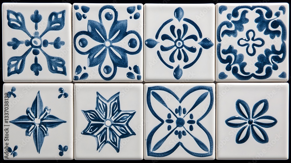 Eight ornate blue ceramic tiles arranged on black background, for home decor, patterned