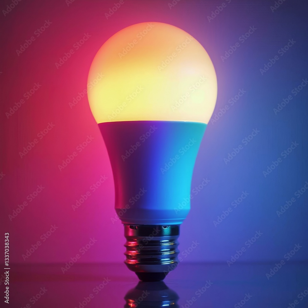 Multicolor Smart LED Bulb. Close-up of illuminated smart LED bulb displaying vibrant pink and blue gradient lighting effects.
