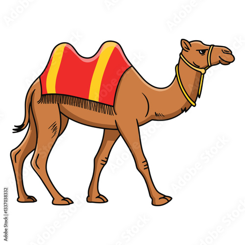 Cartoon vector illustration of a camel with saddlery. The camel is shown with traditional saddle and harness, isolated on a white background for graphic design use.