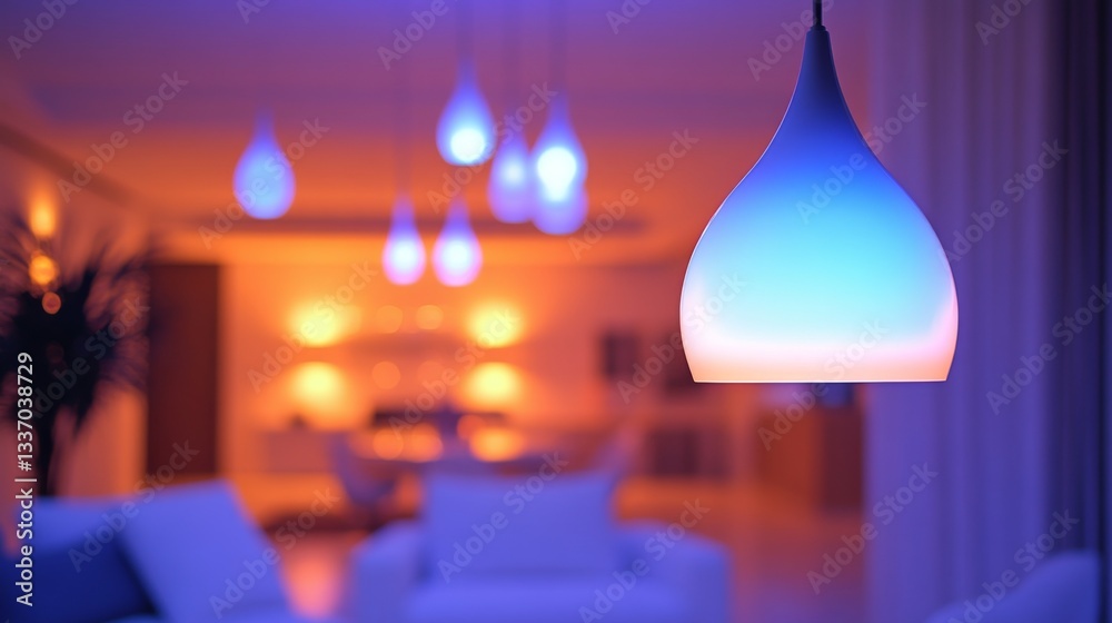Modern Interior Lighting. Stylish teardrop pendant lamp illuminates contemporary living room with warm orange and cool blue ambient lighting.