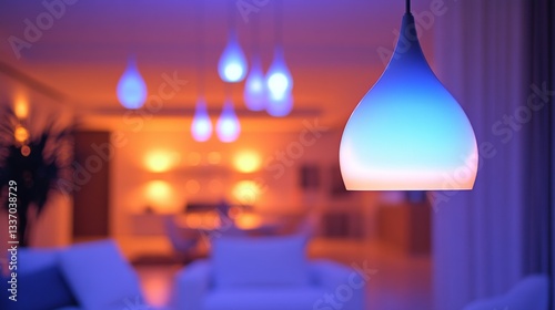 Obraz na płótnie Modern Interior Lighting. Stylish teardrop pendant lamp illuminates contemporary living room with warm orange and cool blue ambient lighting. w salonie