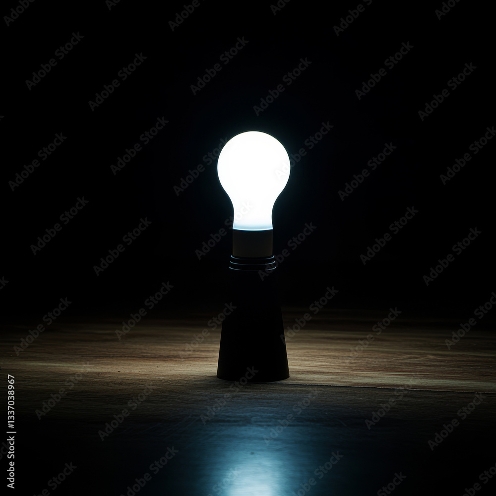 Luminous Innovation. Minimalist table lamp with glowing white bulb creates dramatic lighting effect against dark background.