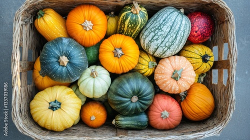 Wallpaper Mural A vibrant display of various pumpkins and gourds fills a wicker basket, celebrating the essence of autumn. The rich colors and unique shapes reflect the season's harvest and local agriculture Torontodigital.ca