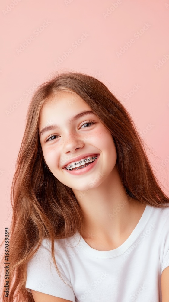 Beautiful teenage girl with braces smiling confidently in a close-up half-face portrait on peach background. Beautiful teenage girl with braces smiling confidently in a close-up half-face portrait on peach background.