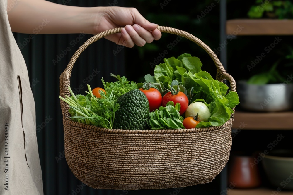 Fototapeta premium Fresh vegetables in woven basket held by female hand