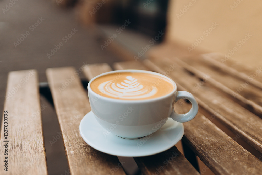 Cup of coffee on the wooden table with latte art. Street coffee, top view. Coffee in a white cup with latte art.