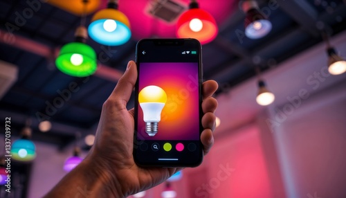 Obraz na płótnie Smart light control app. A person holds a smartphone displaying a smart lightbulb app, showcasing colorful pendant lights in the background, emphasizing modern lighting control. w salonie