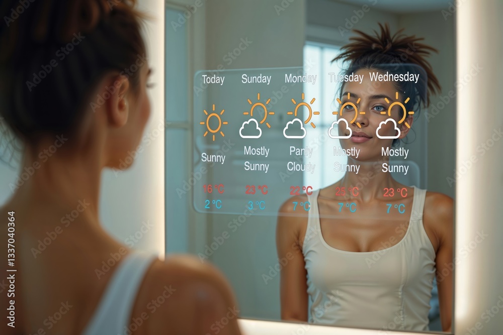 Smart mirror weather. Woman looking at weather forecast displayed on mirror surface with 5-day temperature and conditions overlay in bathroom.