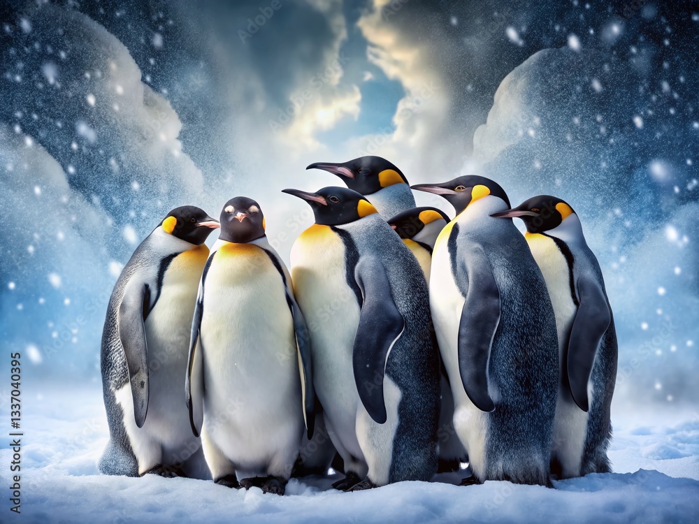 Obraz premium Emperor Penguins Huddle Blizzard Survival Antarctic Wildlife Winter