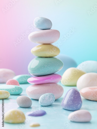 vivid and playful composition of stacked pastel-colored stones, set against a dreamy and whimsical background. It combines elements of serenity and joy