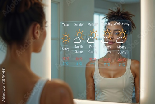 Obraz na płótnie Smart mirror weather. Woman looking at weather forecast displayed on mirror surface with 5-day temperature and conditions overlay in bathroom. w salonie