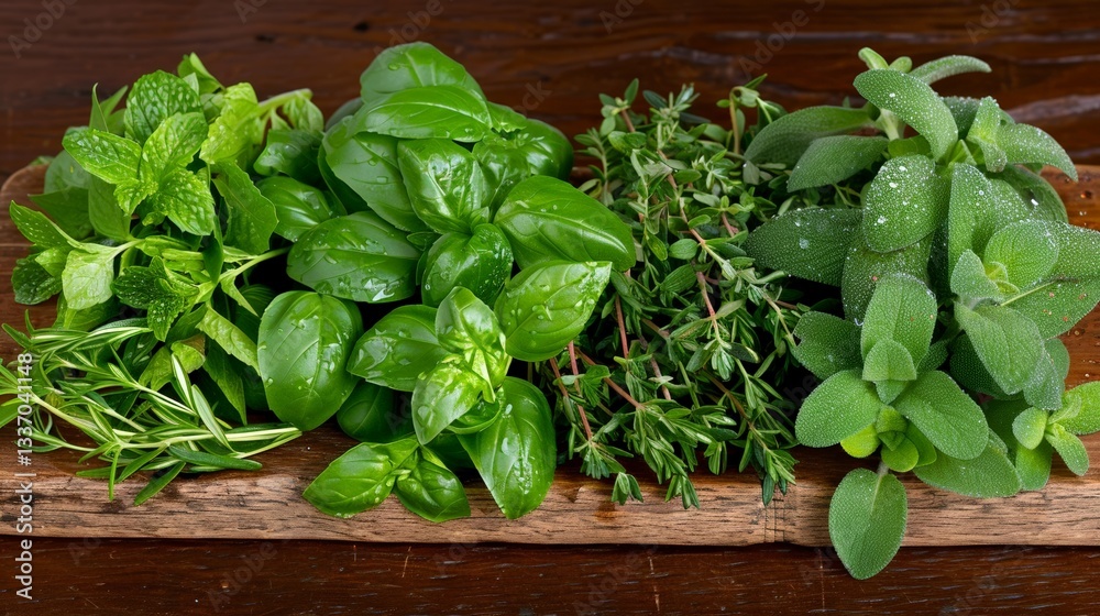 Fototapeta premium Fresh green herbs arrangement: mint, basil, thyme, rosemary, sage on rustic wooden board