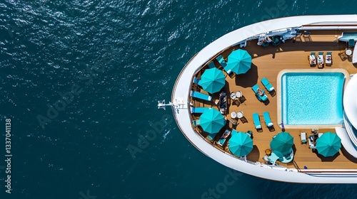 Luxury yacht's sun deck, pool, and turquoise ocean