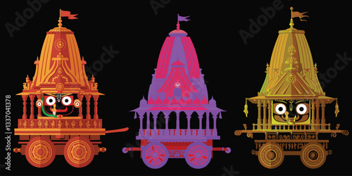 Happy Rath Yatra festival, Jagannath rath silhouette set of vector art illustration .