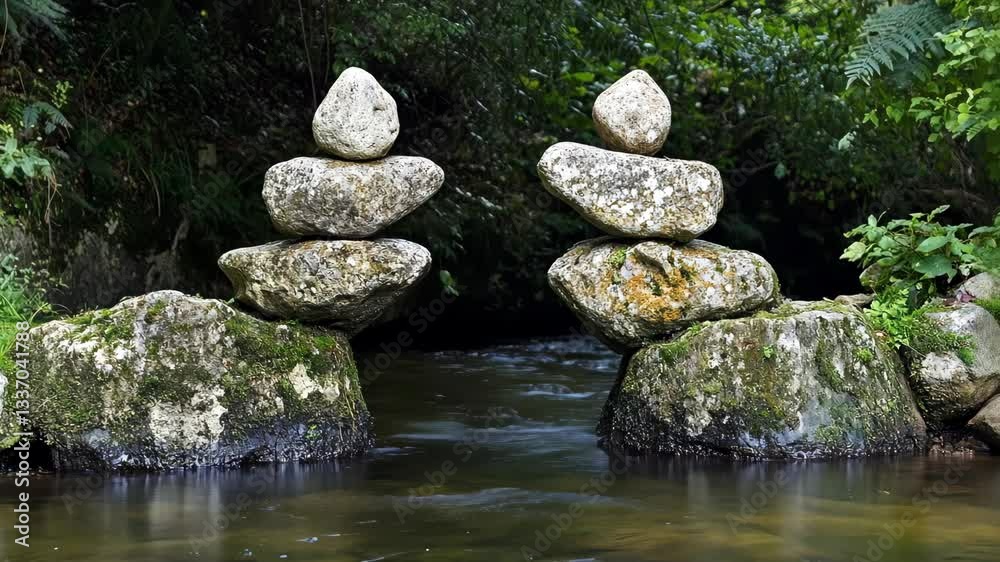 Balanced stone towers stand gracefully by a serene river surrounded by lush greenery in a tranquil natural setting Balanced stone towers stand gracefully by a serene river surrounded by lush greenery in a tranquil natural setting