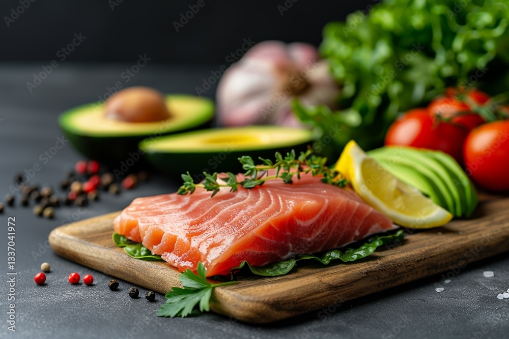 Fresh salmon fillet with avocado, lemon, and vegetables on wooden board Fresh salmon fillet with avocado, lemon, and vegetables on wooden board