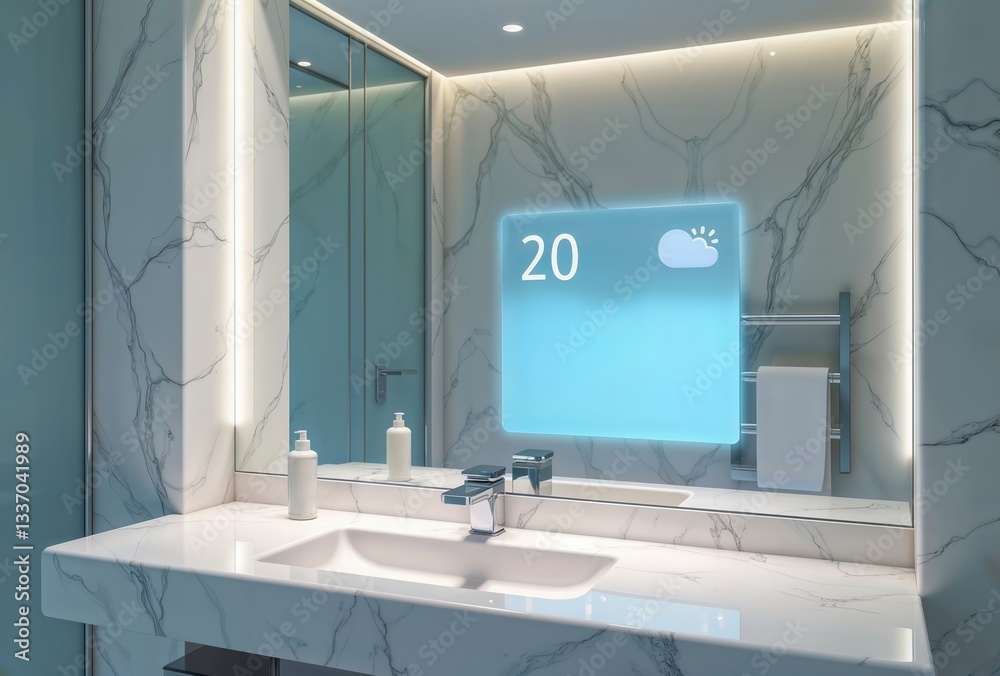 Bathroom smart display. Marble bathroom vanity with modern smart mirror displaying weather icon and temperature in sleek setting.