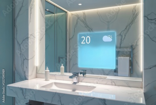 Obraz na płótnie Bathroom smart display. Marble bathroom vanity with modern smart mirror displaying weather icon and temperature in sleek setting. w salonie