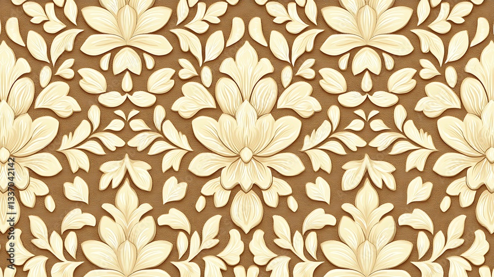 Floral ornament pattern on a brown background, ideal for seamless textile or wallpaper design Floral ornament pattern on a brown background, ideal for seamless textile or wallpaper design