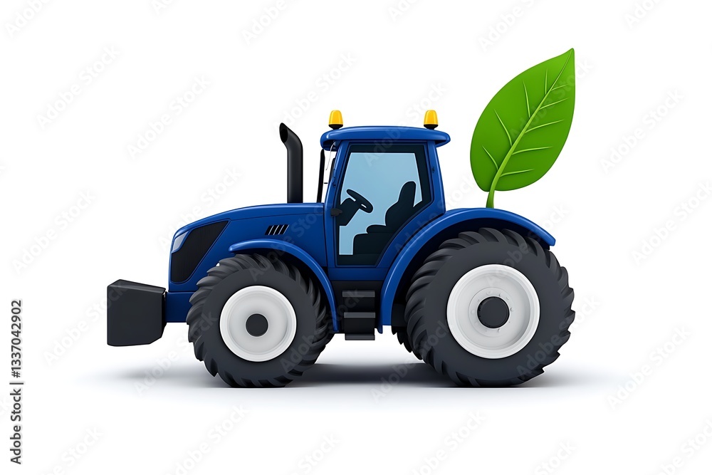 Naklejka premium Tractor and leaf in blue-grey color on white background, white outline, no shadows, text.