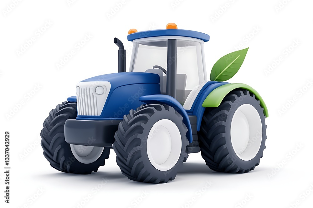 Obraz premium Tractor and leaf in blue-grey color on white background, white outline, no shadows, text.