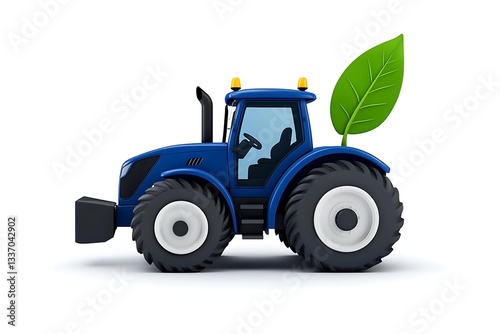Tractor and leaf in blue-grey color on white background, white outline, no shadows, text.