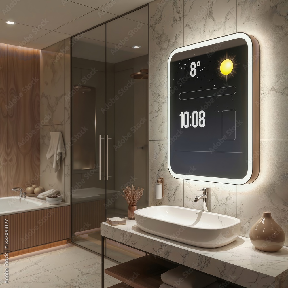 Modern smart mirror interface. Luxury bathroom featuring rectangular smart mirror displaying time and weather data against marble wall and wooden accents.