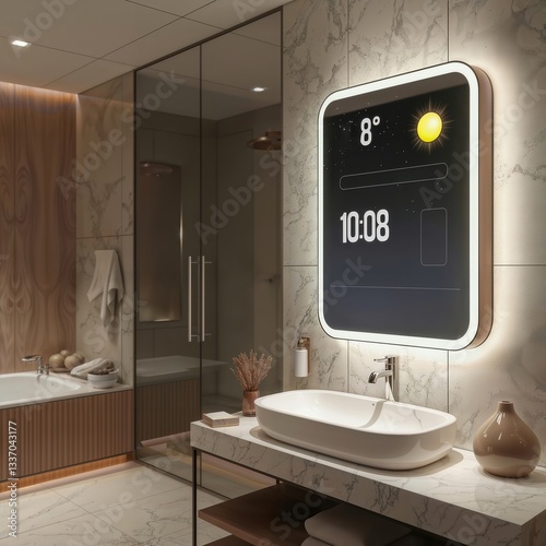 Obraz na płótnie Modern smart mirror interface. Luxury bathroom featuring rectangular smart mirror displaying time and weather data against marble wall and wooden accents. w salonie