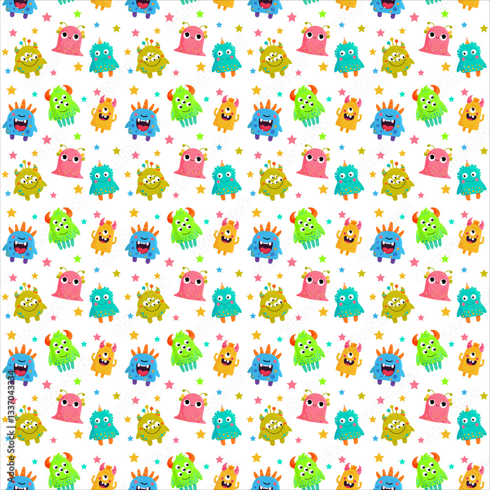 Obraz premium Funny Cartoon Monsters Seamless Pattern – Vector FileОписание: A playful and colorful seamless pattern featuring funny cartoon monsters. 