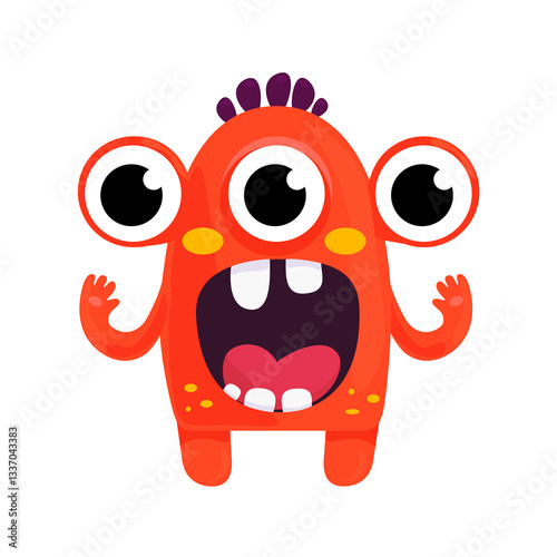 Funny Three-Eyed Coral Monster – Vector Illustration. A cute and playful cartoon-style illustration of a funny three-eyed monster in a coral color. This adorable vector character is perfect for childr