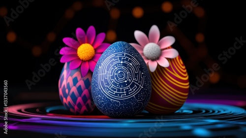 Three colorful eggs with a blue egg in the middle. The eggs are surrounded by flowers and a watery background. The flowers are pink and purple, and the water is blue. Scene is cheerful and playful photo