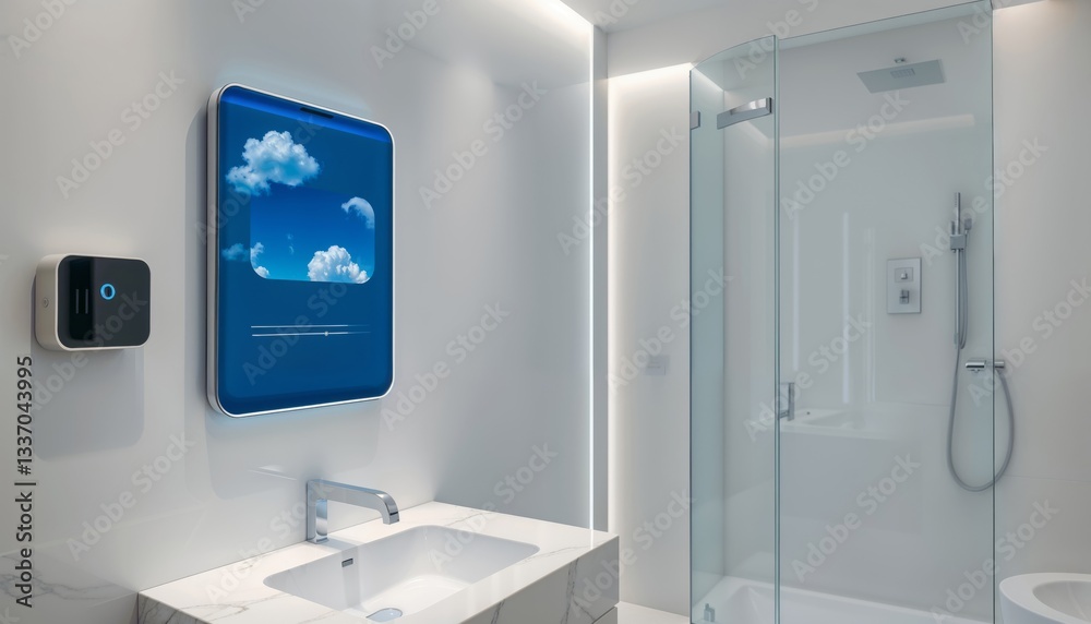 Modern smart mirror in bathroom. A sleek bathroom featuring a large blue-framed smart mirror displaying clouds, a stylish sink, and a glass-enclosed shower, creating a futuristic atmosphere.