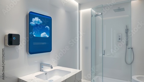 Modern smart mirror in bathroom. A sleek bathroom featuring a large blue-framed smart mirror displaying clouds, a stylish sink, and a glass-enclosed shower, creating a futuristic atmosphere.