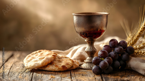 Holy Communion – Bread and Wine on a Rustic Linen Cloth, Symbolizing the Lord’s Supper