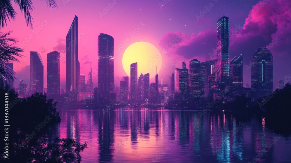 Obraz premium Neon Cityscape at Sunset: A Futuristic Metropolis by the Lake