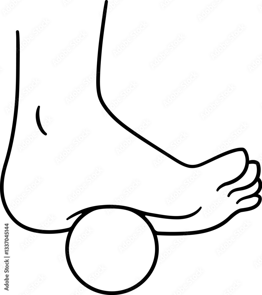 Rolling foot on a ball, simple drawing. Physical therapy, self massage, myofascial release. Black and white line art, vector clip art illustration. Rolling foot on a ball, simple drawing. Physical therapy, self massage, myofascial release. Black and white line art, vector clip art illustration.