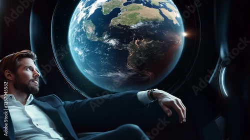 Business leader sitting on the interior of a space station,contemplating innovative ideas and strategies for the future. Observing the Earth and its technologies from an orbital perspective.