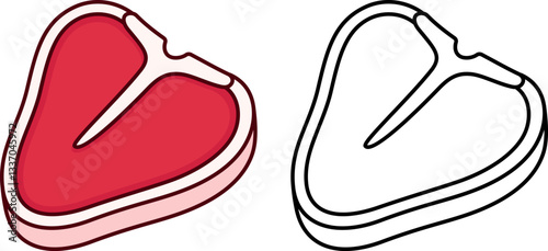 Cartoon T-bone steak icon, bone-in piece of meat. Color drawing and black and white line icon. Isolated vector clip art illustration.