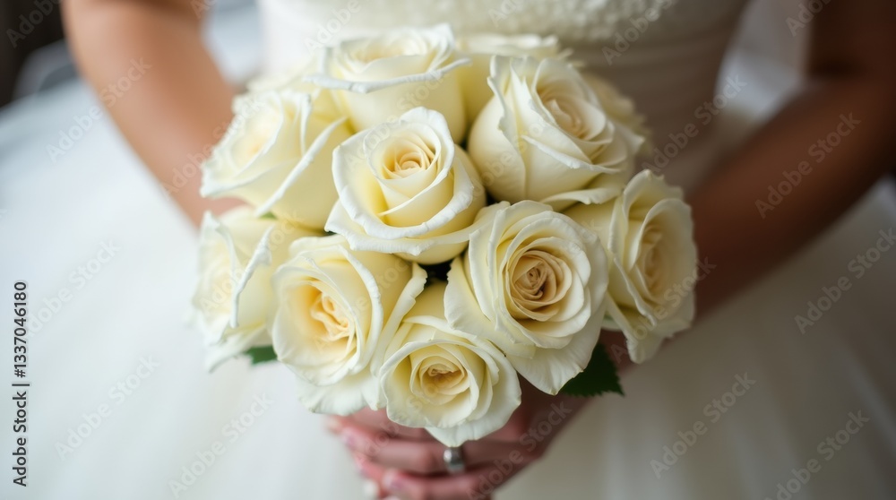Obraz premium A bride holding a classic white rose bouquet, the soft petals complementing her elegant wedding dress