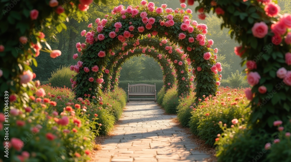 Fototapeta premium A charming pathway winding through a rose garden, lined with archways covered in climbing roses