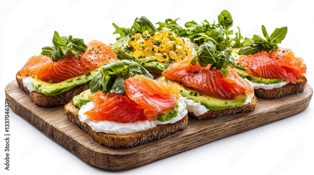 Delicious smoked salmon and avocado toast canap?s arranged on a rustic wooden board perfect for a party appetizer. Delicious smoked salmon and avocado toast canap?s arranged on a rustic wooden board perfect for a party appetizer.