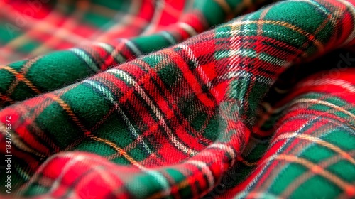 Folded fabric with red and green plaid pattern, close-up shot for textile designs and backgrounds