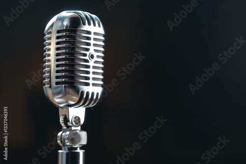 Vintage silver microphone on dark background: retro audio equipment close-up