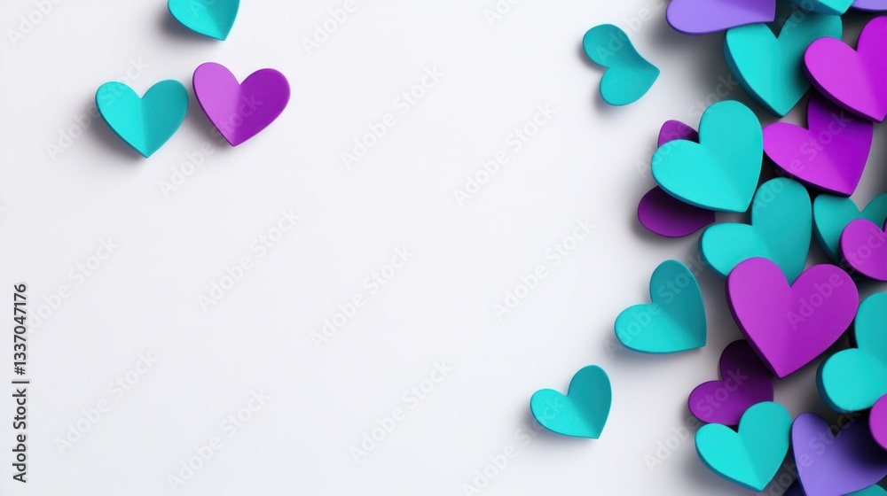 Soft scattered heart confetti in emerald green and lavender gradients, translucent elements, clean white background, gentle drop shadows, fresh romantic theme Soft scattered heart confetti in emerald green and lavender gradients, translucent elements, clean white background, gentle drop shadows, fresh romantic theme