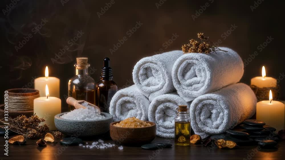 Towels, candles and essential oils in spa setting for wellness and relaxation with aromatherapy, natural skincare, calm ambiance and soothing home spa concept
