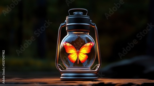 A glowing firefly trapped inside an old-fashioned glass lantern, warm and nostalgic, dark amber background.