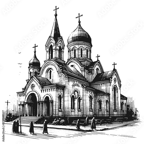 Architectural Elegance Church Line Drawing, church line art drawing ink sketch vector hand drawn illustration background