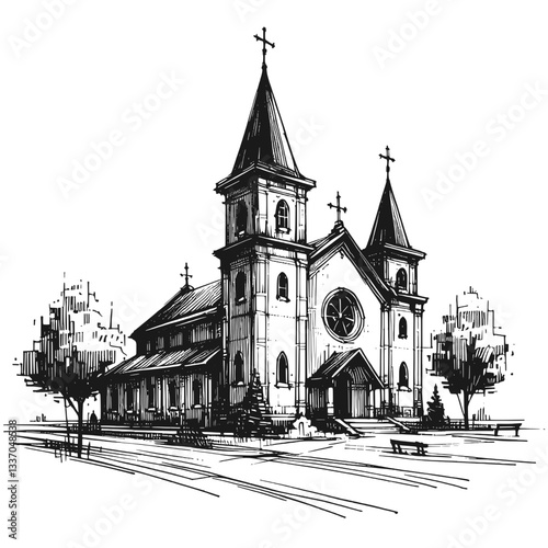 Faith in Lines Church Artwork, church line art drawing ink sketch vector hand drawn illustration background